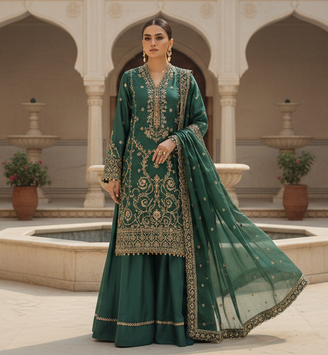 Elegant emerald-green silk shalwar kameez